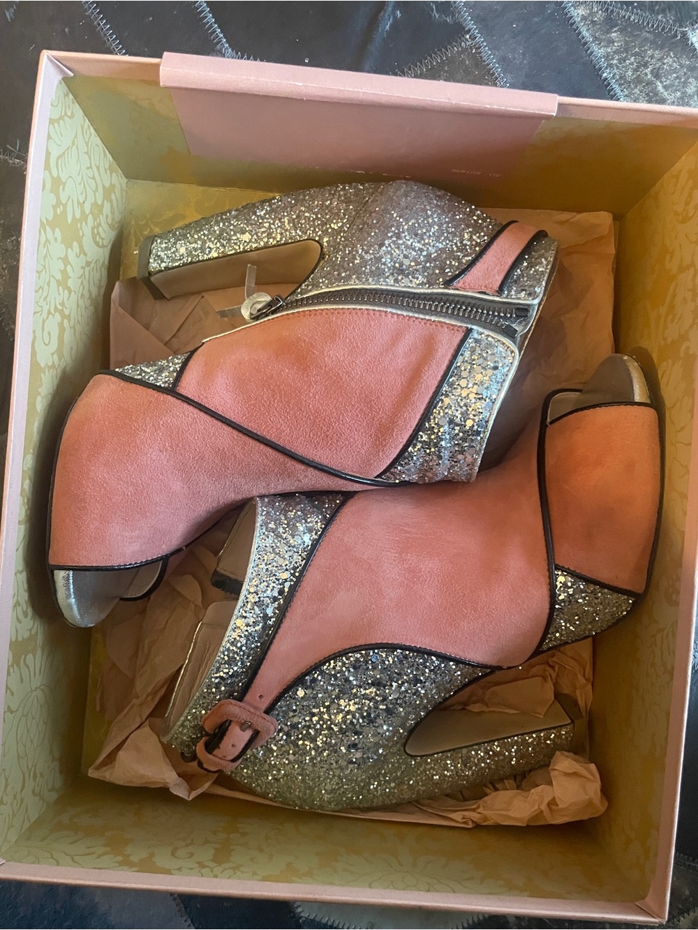 Miu Miu Pink and Silver Glitter Peep-Toe Block Heel Booties